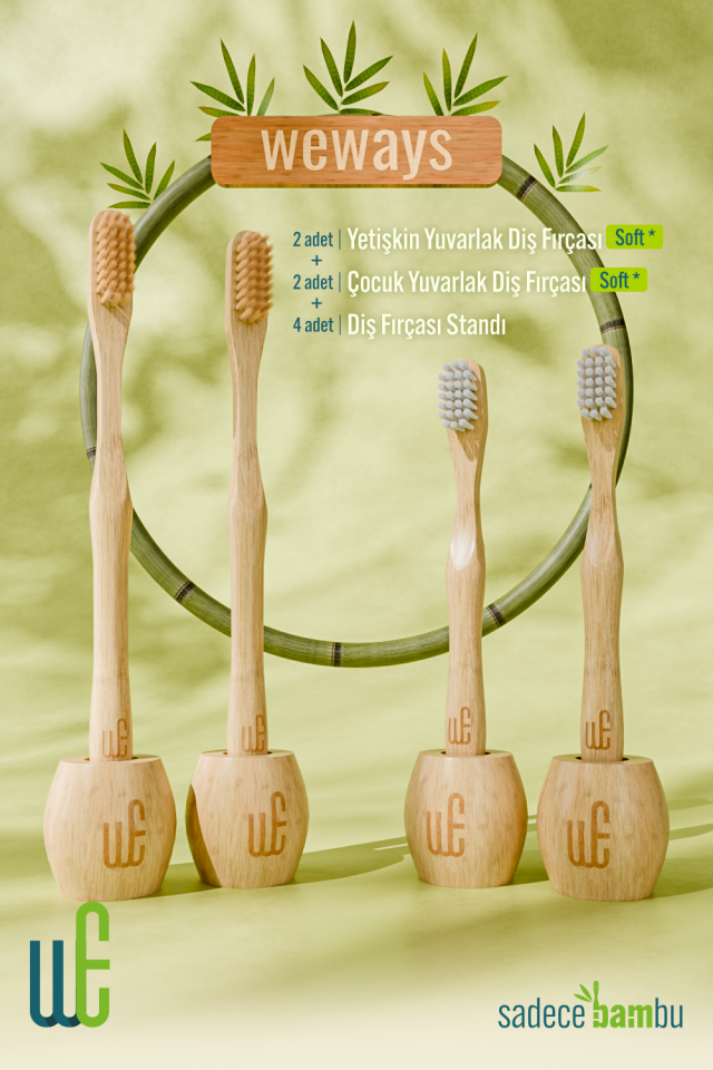 Bambu 2 Yetişkin-2 Çocuk Diş Fırçasın(Yuvarlak Sap Soft Uç) ve 4 Stant