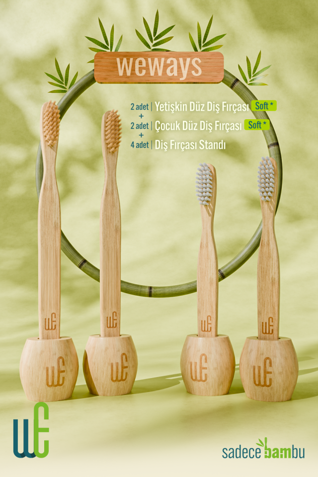 Bambu 2 Yetişkin-2 Çocuk Diş Fırçasın (Düz Sap Soft Uç) ve 4 Stant